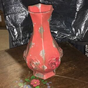 Distressed Metal Red Vase with Floral Design NWOT